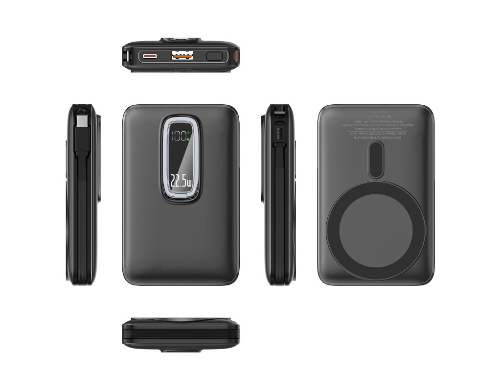 2025 Trending Ultra Slim 10000mAh Power Banks Kickstand Fast Charge Cable Built in Wireless Magnetic Metal Back Holder